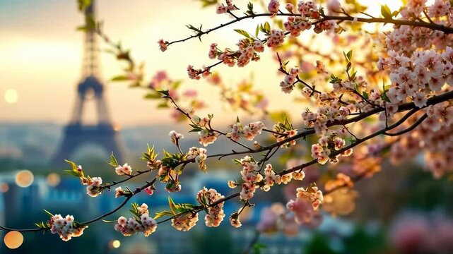 Eiffel Tower against the background of blooming flowers. Selective focus. Nature.