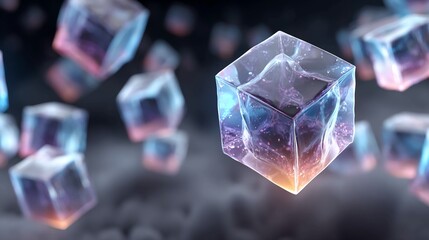 Abstract background with floating glowing cubes representing blockchain technology or decentralized data networks in futuristic digital art composition