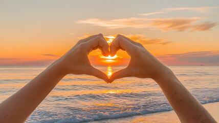 Hands Forming Heart Shape Around Sunset Over Ocean. AI Generated 