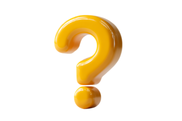 A vibrant, three-dimensional, glossy yellow question mark symbol, perfectly isolated against a stark white background. Isolated on transparent background, cutout