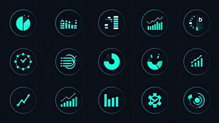 A dark teal background displays 16 circular icons, each representing data visualization.  Icons include pie charts, bar graphs, line graphs, and progress indicators.  Clean, modern design