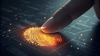 Close up of a human finger activating a glowing orange fingerprint scanner on a futuristic digital circuit board with glowing particles