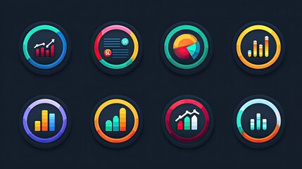 Nine colorful circular icons representing various data visualizations.  Each icon displays a different chart type