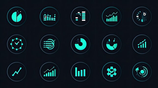 A dark teal background displays 16 circular icons, each representing data visualization. Icons include pie charts, bar graphs, line graphs, and progress indicators. Clean, modern design