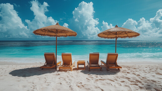 A serene tropical beach features two straw umbrellas and four lounge chairs on white sand by the clear turquoise ocean.