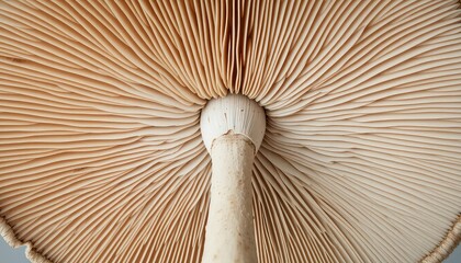 Close-up view of the underside of a large mushroom with delicate gills radiating from its stem, creating a textured pattern