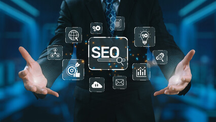 SEO concept for improving SEO visibility, with SEO related digital tools and SEO performance icons...