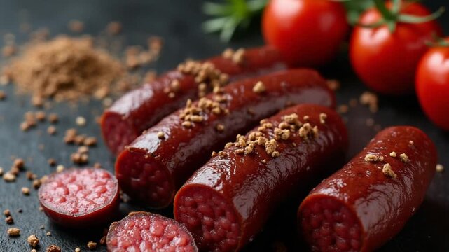 Delicious blood sausage or black pudding with spices and herbs grilled on a black concrete background