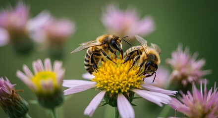 Two bees work in partnership on a lovely flower, pollinating it with care and effort. They appear as a team to accomplish a shared objective, showing teamwork and devotion
