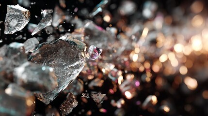 Abstract composition of shattered glass fragments floating in mid-air with light reflections creating dynamic fragmented patterns on black background