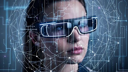 Woman Wearing Futuristic Glasses With Digital Network Sphere Overlay - Powered by Adobe