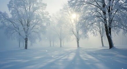 Fototapeta premium Winter landscape featuring snow-covered trees, with the sun shining through the mist creating a serene atmosphere. The scene evokes a sense of tranquility and the beauty of the season