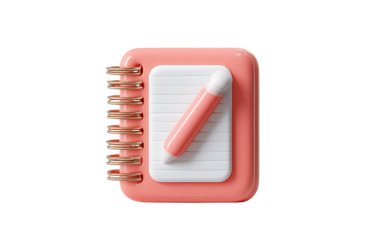 Adorable Pink Spiral Notebook Icon with Integrated Stylus, Perfect for Digital or Physical Note-Taking Applications. Isolated on transparent background, cutout