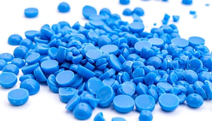 Pile of small, scattered, blue, round, and oval shapes