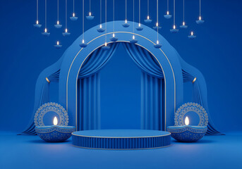 Blue stage setup featuring a large arched curtain illuminated by warm deepavali lighting. The backdrop consists of flowing blue fabric and hanging diwali diya decorations.