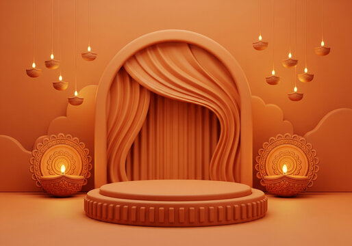 Earthy orange stage setup featuring a arched curtain illuminated by warm deepavali lighting. The backdrop consists of flowing earthy orange fabric and hanging diwali diya decorations.