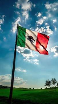 BANDERA DE MEXICO EN CAMPO VERDE FONDO CIELO. 4K	
