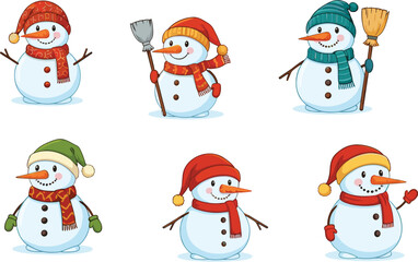 Cartoon snowmen in winter outfits holding shovel, broom, waving hands with scarves, hats, gloves in festive holiday vector illustration set.