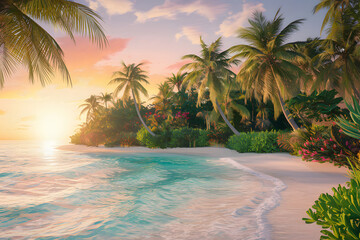 Fototapeta premium Stunning Tropical Island Beach at Sunrise. AI Generated 