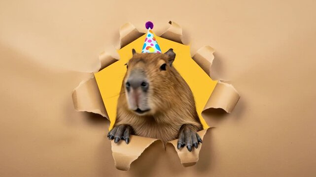 Capybara Party Surprise - A cute capybara wearing a party hat peeks through a torn hole in brown paper revealing a yellow background.