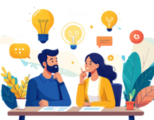 Flat vector illustration. A woman and a man are discussing issues, thinking about mak