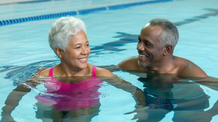 A bright, indoor swimming pool photograph of an elderly African American couple enjoying a swim.