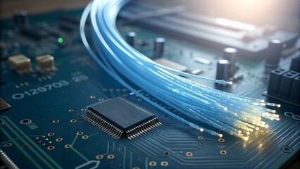 Close up of glowing blue fiber optic cables connected to a complex electronic circuit board with a microchip
