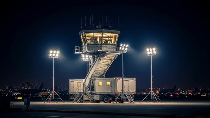 Mobile air traffic control tower setup illuminated by floodlights at night enabling continuous airspace safety support.