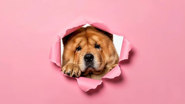 Playful Chow Chow Dog Peeking Through Hole - An adorable Chow Chow dog playfully peeks through a torn hole in a pink background.
