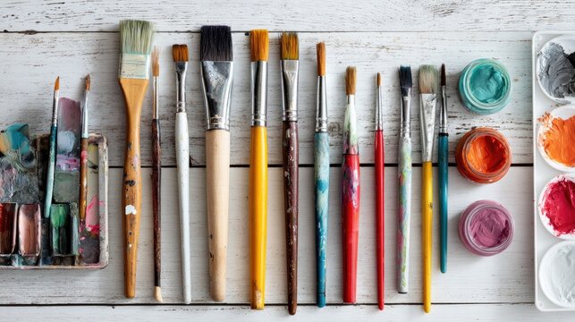 Assorted paintbrushes and paints on a white wooden surface