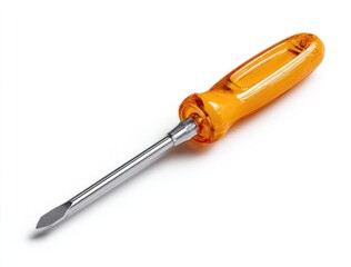 Close-up of a small,  flat-head screwdriver.  Orange plastic handle,  metal shaft.  Isolated on white