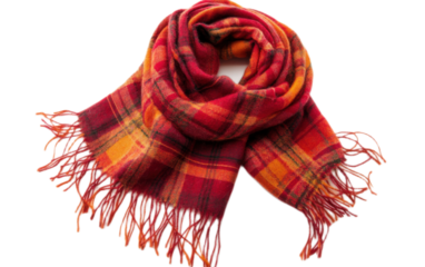 Cozy red and orange plaid scarf on transparent background, png