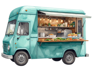 Teal Food Truck Illustration With Open Window on Isolated Transparent Background
