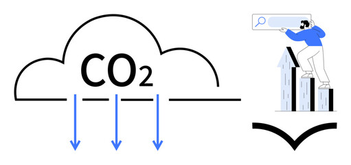 CO2 cloud with downward arrows alongside a man on rooftops using a search bar. Ideal for climate change, pollution, global warming, emissions, environment, sustainability, education. Simple flat
