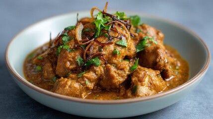 Exquisite Spicy Chicken Curry Garnished With Herbs and Fried Onions