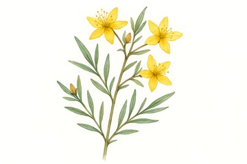 Yellow wildflowers with slender green leaves illustrated in botanical style