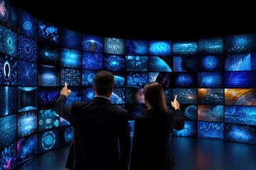 Business man and woman in suits standing back to back in front of neon glowing screens with multiple graphs and data panels.