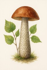 A beautiful mushroom podberezovik with a brown cap and speckled stem, surrounded by green leaves in nature