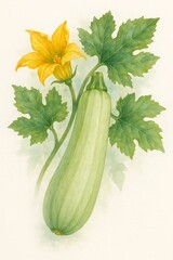 Fresh zucchini plant with blossoms depicted in a detailed watercolor style