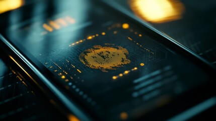 Close-up of smartphones displaying futuristic digital interface with glowing elements.