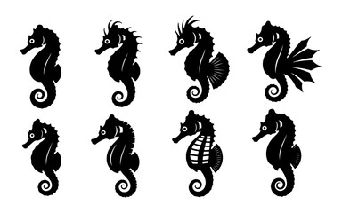 Vector art of bundle the eight black silhouette seahorse set illustrations design templates. © designartwork28