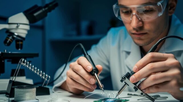 Scientist using soldering station and micromanipulator to attach ultrafine electrodes for advanced braincomputer interface research.