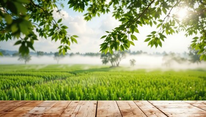 Nature backdrop with wooden planks, fresh foliage, and a vast green field stretching to the horizon on a bright sunny day