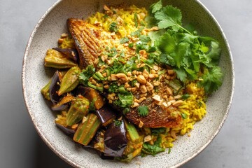 Delicious Fish Dish Served on a Bed of Yellow Rice With Vegetables