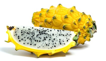 Yellow dragon fruit sliced showing white flesh and black seeds on white background
