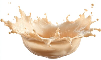 Obraz premium Creamy beige liquid splash against white background. A perfect circular splash of liquid, centered, radiating outward in a beautiful form