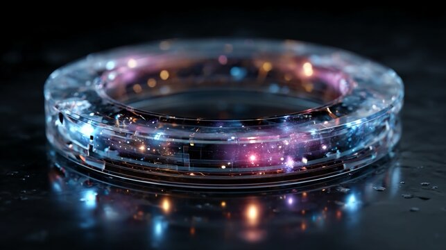 Abstract holographic projector ring with layered light emissions and pulse indicators floating alone representing futuristic display device or communication tool