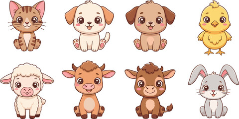 Cute Baby Farm Animals Vector Set – Cartoon Kitten, Puppy, Chick, Lamb, Calf, Goat, Bunny for Kids, Pets, Education
