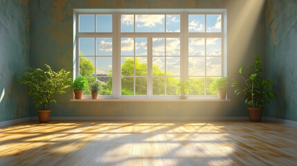 Fototapeta premium Bright sunlight fills an empty room with a large window, creating shadows and illuminating potted plants on the wooden floor.