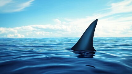 Fototapeta premium Three-Dimensional Shark Fin Breaking the Surface of Blue Waters on a Clear Day